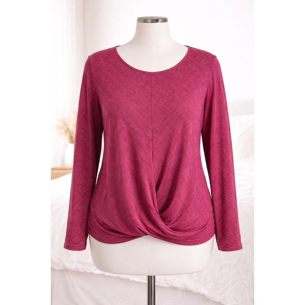 Pink Twist Front Long Sleeve Top Stretch‎ Knit Blouse Casual Flattering Fit XL